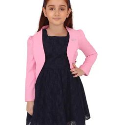 Cutecumber Kids Navy & Pink Embroidered Full Sleeves Dress with Shrug-picture-23