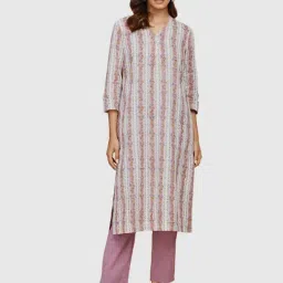 Fabindia White & Purple Cotton Floral Print Straight Kurta-image-40