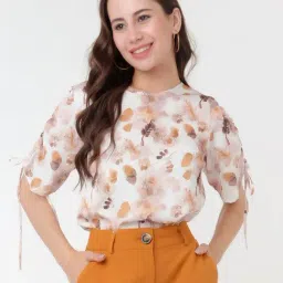 Zink London Off White & Brown Printed Top-image-65