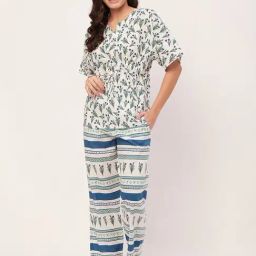 Moomaya White Cotton Floral Print Top With Pyjamas-picture-10