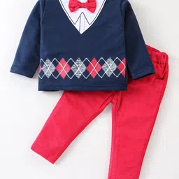 ToffyHouse Cotton Full Sleeves Party Tee & Trouser Set with Argyle Print - Red & Navy Blue-image-24