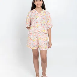 tweeny mini Pure Rayon Knit Half Sleeves Floral Printed Coordinating Night Suit - Red-picture-17