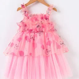 Kookie Kids Sleeveless Singlet Mesh Overlay Layered Frock With Floral & Butterfy Print - Pink-picture-16