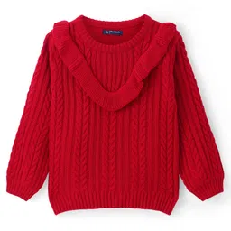 Pine Kids Knitted Full Sleeves Pullover Sweater with Cable Knit Design & Frill Detailing - Red-image-78