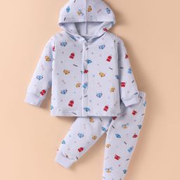 Simply Fleece Knit Full Sleeves Hooded Winter Night Suit with Animals Print - Light Blue-picture-9