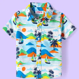Babyhug Cotton Knit Half Sleeves Shirt with Beach Theme Print- Light Blue & White-picture-28