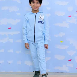 The Mom Store Cotton Full Sleeves Cat Printed Hoodie & Joggers Set - Sky Blue-picture-12