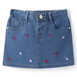 Babyhug Mid Thigh Washed Denim Skirt with Strawberry Embroidery - Navy Blue-picture-10