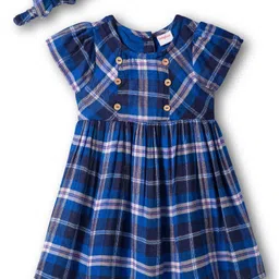 Babyhug Cotton Woven Half Sleeves Frock with Headband & Checks - Navy Blue-image-60