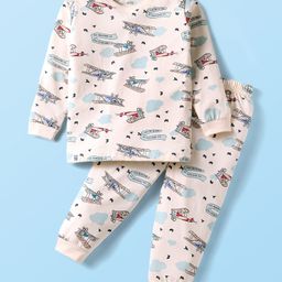 CUCUMBER Sinker Knit Full Sleeves Co-Ord Night Suit With Airplane Print - Cream-picture-22