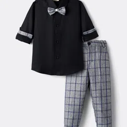 Rikidoos Full Sleeves Solid Shirt & Checked Pant With Bow Set - Black & Grey-picture-26