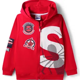 Pine Kids Marvel Terry Knit Full Sleeves Hooded Sweatjacket With Spider-Man Graphics & Badge Detailing - Red-image-70