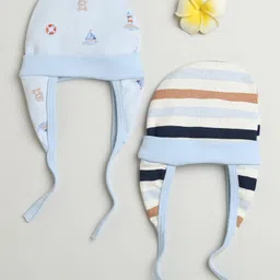 BUMZEE Cotton Knit Ear Flap Cap with Knot & Striped Print Pack of 2 Peach & Black - Diameter 13 cm-picture-17