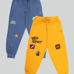 Kiddopanti Pack Of 2 Cotton Knit Typography & Space Theme Printed Track Pants - Mustard & Blue Melange-picture-34