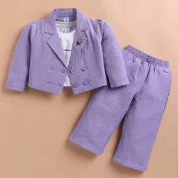 KIDZELLO Cotton Knit Full Sleeves Solid Jacket & Pant With Inner Set - Purple-picture-11