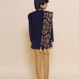 AJ Dezines Full Sleeves Ethnic Floral Block Designed & Sequin Embellished Coordinating Sherwani & Dupatta Set - Navy Blue image 3