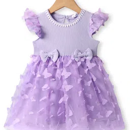 Mark & Mia Frill Sleeves Party Frock with Bow & Butterfly Applique & Headband - Purple image 2
