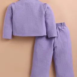 KIDZELLO Cotton Knit Full Sleeves Solid Jacket & Pant With Inner Set - Purple image 3