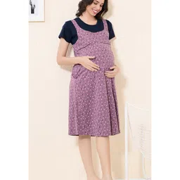 Quira Woven Half Sleeves Abstract Printed Maternity Nighty With Concealed Zipper Nursing Access - Mauve image 5
