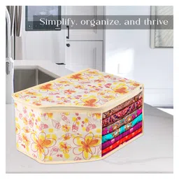 Kuber Industries Blouse Cover  Clothes Storage Bag  Zipper Wardrobe Organizers  Non-Woven Clothes Organiser  Side Transparent Blouse Organizer  Red Flower-Design  Pack of 6  Ivory image 5
