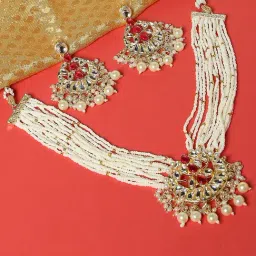 OOMPH Red Kundan Stone with Pearls Multi Layer Choker Necklace Set with Chandbali Earrings-image-0