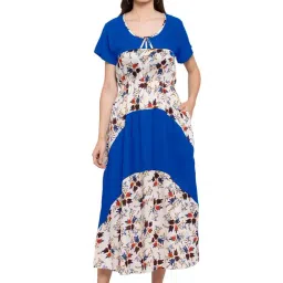 PATRORNA Blue & Cream Floral Print Tulip Midi Dress-image-22