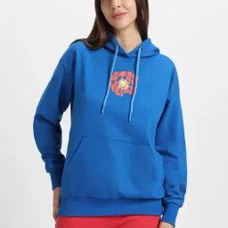 JUNEBERRY Blue Fleece Graphic Print Hoodie-image-10