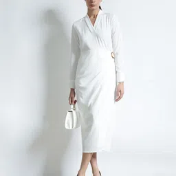 FableStreet Women Ruched V-Neck Long Sleeves Midi Dress - White-picture-28