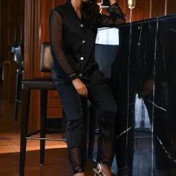 Dusk Attire Black Black Satin Net Pyjama Set image 1