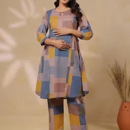 CRAFIQA Ocean Blue Multi Panelled Cotton Maternity Nursing Co-ord Set-picture-10