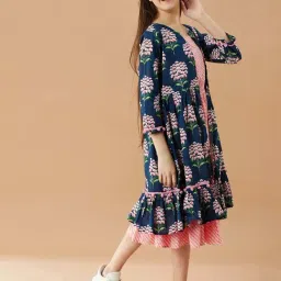 Pspeaches Girls Blue Cotton Regular Fit Printed Dress image 4