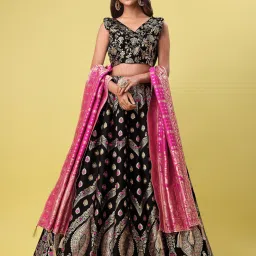PURVAJA Black & Gold Floral Print Stitched Lehenga & Unstitched Blouse With Dupatta image 1