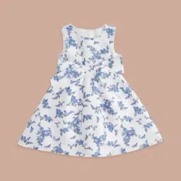 Pantaloons Junior White & Blue Cotton Floral Print Dress-image-81