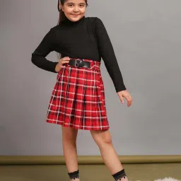 Budding Bees Girls Red & Black Cotton Checks Full Sleeves Combo Sets image 1