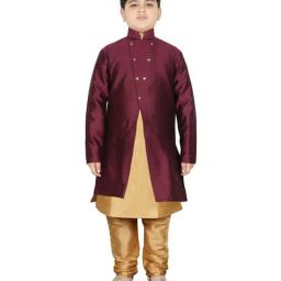SG Yuvraj Kids Wine & Gold Textured Pattern Full Sleeves Kurta Set-picture-29