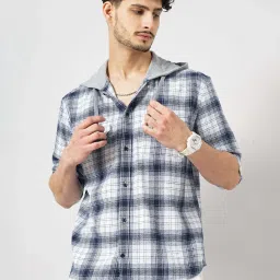 celio celio* Blue Regular Fit Check Cotton Hooded Shirt image 1