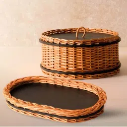 Peepul Tree Wicker & Wood Storage Box With Lid & Serving Tray Combo | Handcrafted in Kashmir image 1