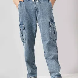 celio celio* Light Blue Loose Fit Cotton Lightly Washed Cargo Jeans image 1