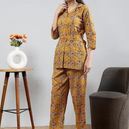 Polyglot Floral Printed Pure Cotton Shirt Collar Top With Trousers image 5