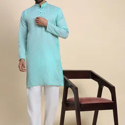 Pro-Ethic STYLE DEVELOPER Men Angrakha Sequinned Pure Cotton Kurta with Pyjamas-picture-28