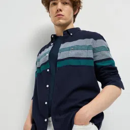 THE BEAR HOUSE Navy Blue Cotton Slim fit Striped Shirts image 1