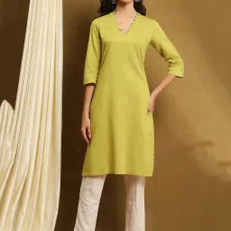Biba Green Cotton Blend Solid 3/4th Sleeve Kurta image 1