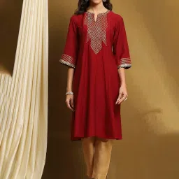 Biba Maroon Polyester Blend Self Design 3/4th Sleeve Kurta image 1