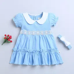 Bumzee Kids Sky Blue Solid Frock with Headband image 1