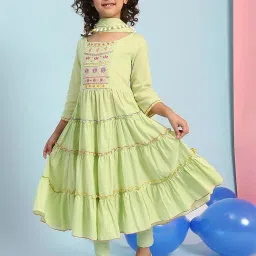 Biba Kids Pastel Green Embroidered Regular Fit Suit Set with Dupatta image 1