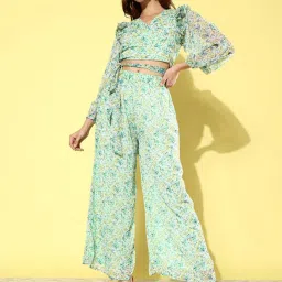 Anvi Be Yourself Green Floral Print Crop Top Palazzos Set image 1