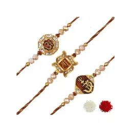 eCraftIndia Shri, Om & Om Trishul with Damru Religious Rakhis with Roli Chawal Pack - Set of 3 image 3
