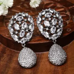 Zeneme Rhodium Plated Silver Toned White Crystal AD Drop Earrings-image-40