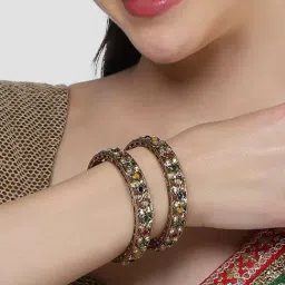 Karatcart Antique Gold-Plated Multicolor Kundan Studded Bangles for Women - Set of 2 image 2