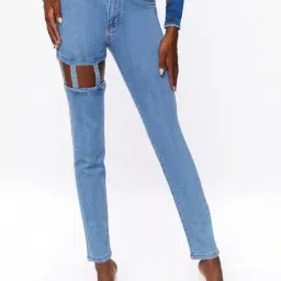 Forever 21 Blue Cotton Mid Rise Jeans-image-3